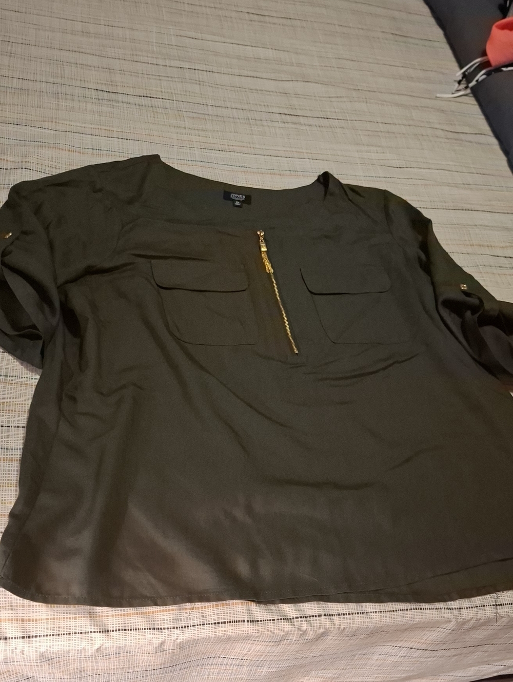 Jones New York Olive Green Zip-Pocket Blouse